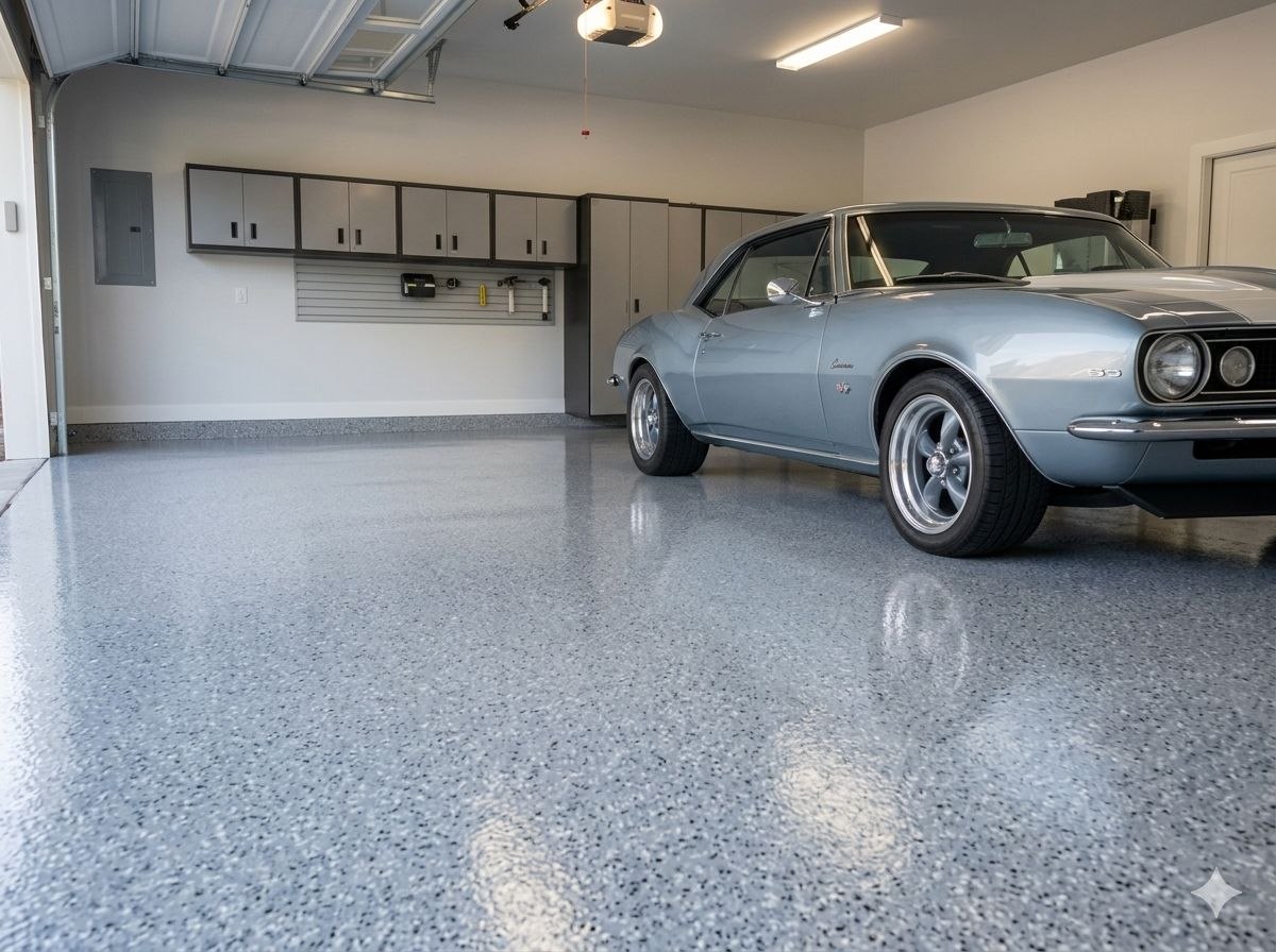 Gray flake epoxy garage floor with classic Camaro — Denver CO