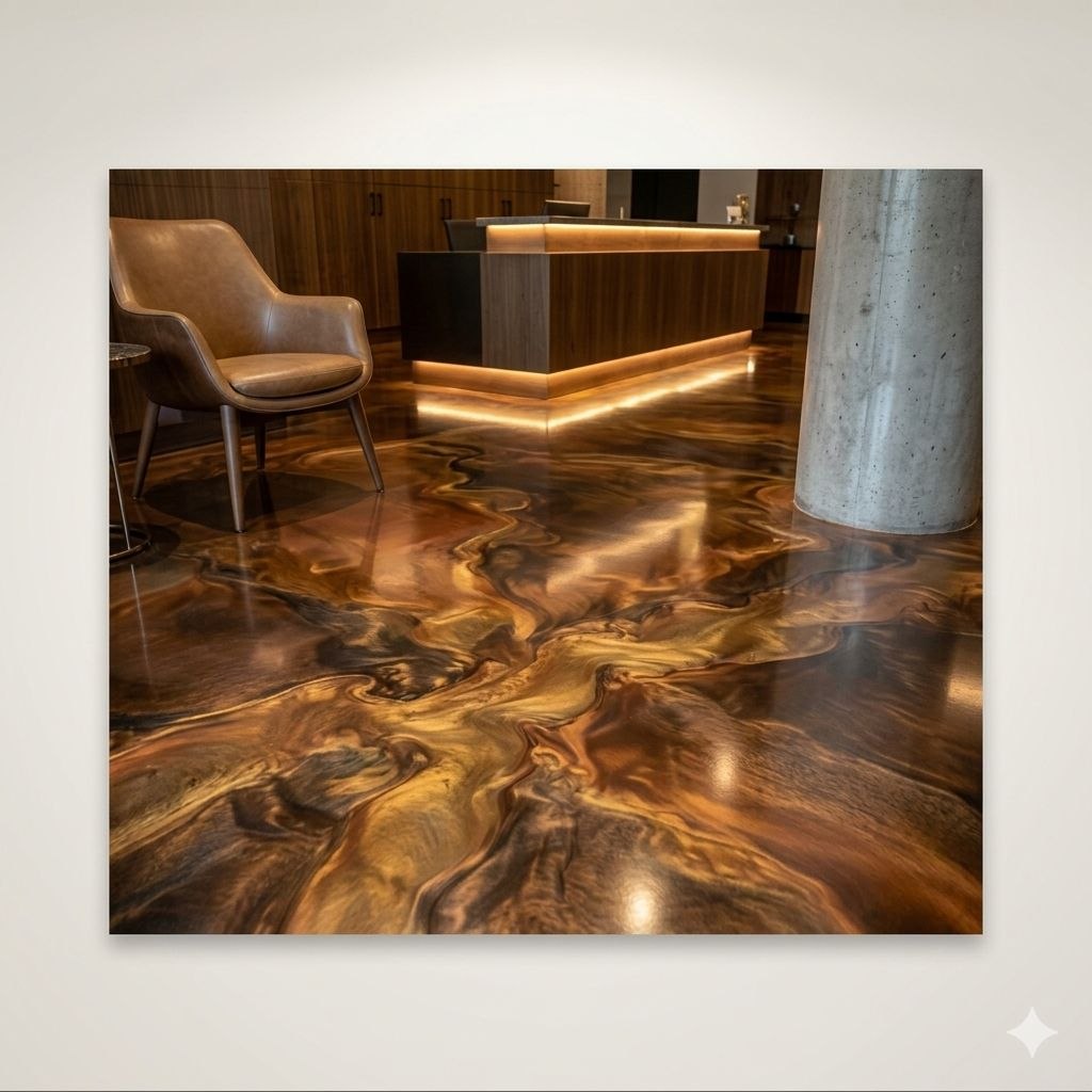 Metallic epoxy floor with copper and bronze swirl finish